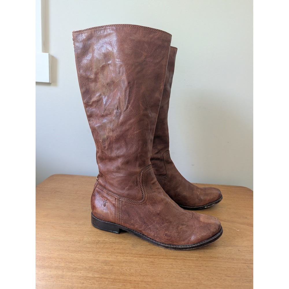Frye Back Anna Zip Boots Cognac Leather Tall Equestrian Brown 8.5M Western